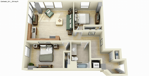 Floor plan for 2 beds, 1 bath, 914 sqft
